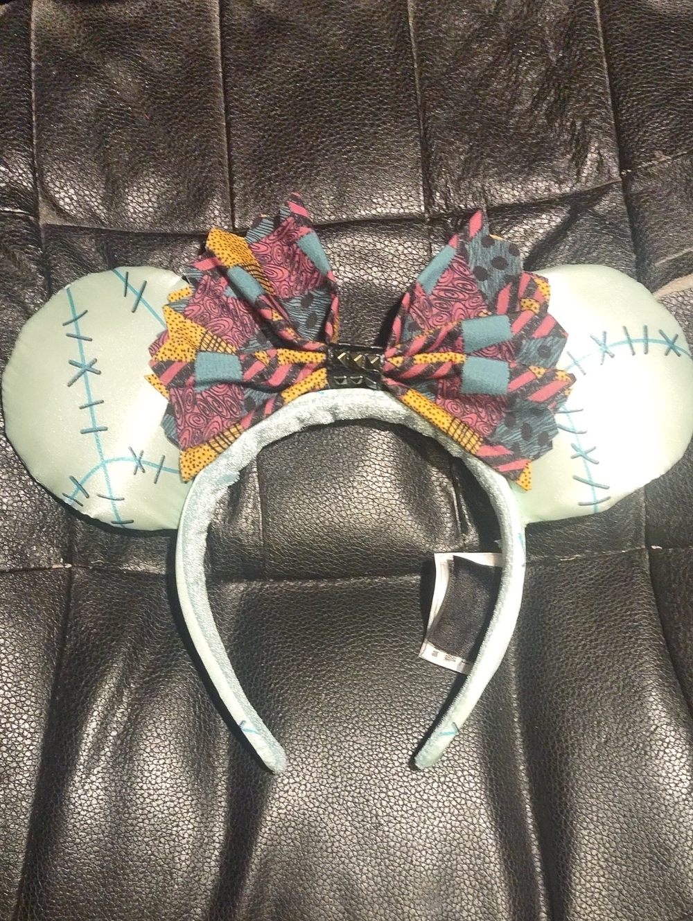 Disney Mint Stitch-Pattern Minnie Ears Headband with Multicolor Patchwork Bow